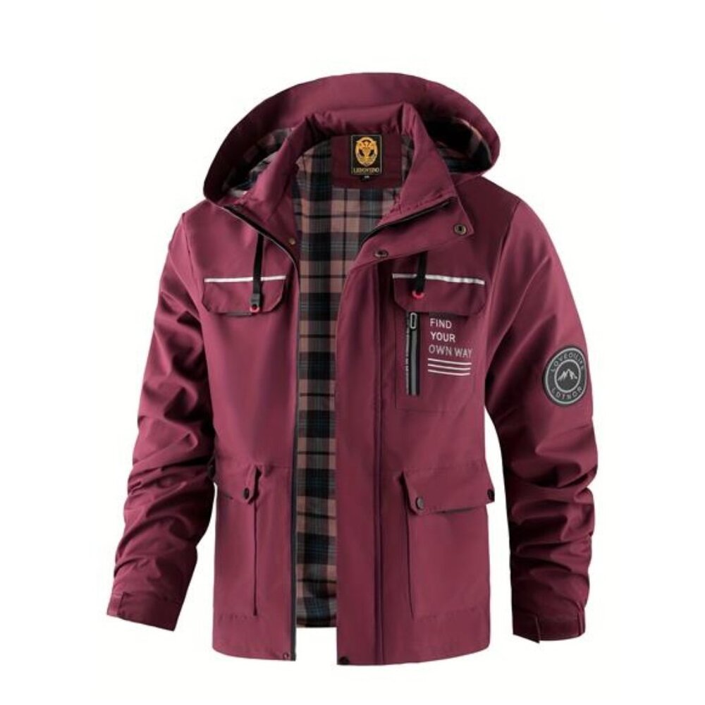 NWT Men's Burgundy Plaid Lined Hooded Jacket | Windbreaker Coat